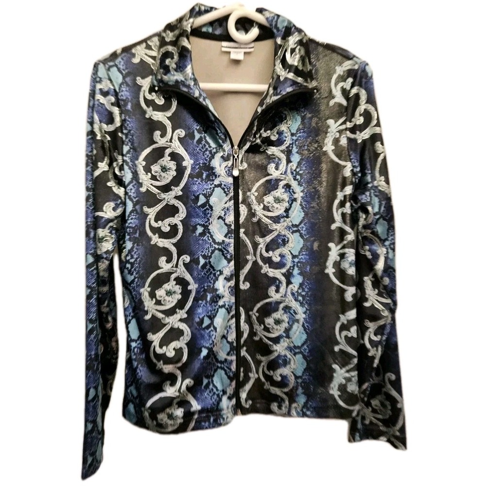 Mirror Image Jacket Women S Blue Snakeskin Silver Metallic Scroll Zip Mock Neck